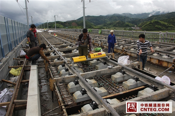 混凝土浇筑前，测量组对道床轨道进行精确检查.JPG